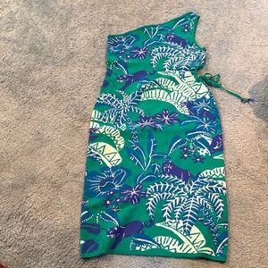 FARM Rio One-Shoulder Green Tropical Print Dress with Blue and White Accents